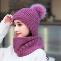 Hat Lady Autumn Winter Sky Conjoined Rabbit Hair Hat Integrated Thickening Warm Knit Wool Line Hat Sweetness Bike Windproof Girly
