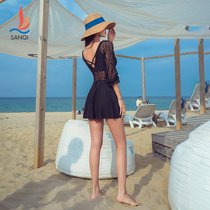 Sanqi swimsuit womens one-piece sexy lace long-sleeved 2021 new high-waisted skirt covering belly thin hot spring holiday suit