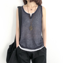 Knitted vest womens summer loose thin fake two-piece small suspenders wear sleeveless bottoming shirt T-shirt top ins tide