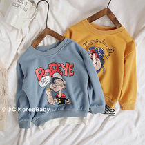 Korean childrens clothing baby cartoon sweater 2021 autumn new men and women children pure cotton fake two-piece printing top