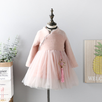 Girl Sweater Dress 2021 New Year Chinese Wind Flag Dress Collar Dress Foreign Air Baby Plus Suede Water Minced Knitted Dresses