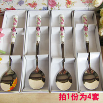 (4 Suits) Han Style 304 Stainless Steel Cutlery Bone China Stainless Steel Spoon Gift Box Suit Gift Wedding Festivities