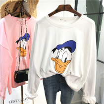 Autumn new Korean single cartoon duck print loose large size white T long-sleeved round neck bottoming shirt T-shirt female students