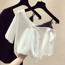 95%cotton lace fake two-piece T-shirt womens summer 2020 new Korean version loose off-shoulder short-sleeved student t-shirt womens top