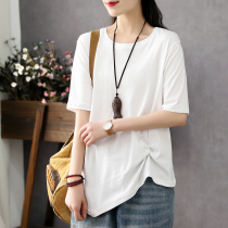 Han Soyi Retro Art Summer New Round Collar Sleeve Head Short Sleeve T-shirt Woman Loose Irregular Short