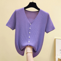 Large size womens fat sister mm summer dress purple ice silk knit womens short sleeve T-shirt cardigan thin foreign coat