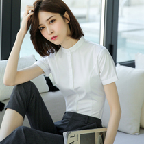 White neck shirt womens summer short sleeve Korean waist top round neck shirt shirt professional overalls vertical collar