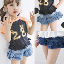 Korean version of childrens clothing 2021 summer girls denim shorts casual ruffles summer hot pants childrens shorts