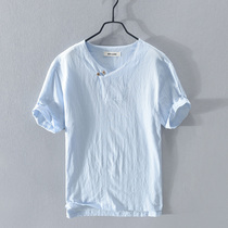 Japanese hipster linen short-sleeved T-shirt mens V-neck loose casual versatile summer mens cotton linen half-sleeved T-shirt