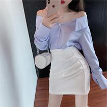 Light mature wind ins sexy one-word collar off-shoulder chain shirt shirt top Joker high waist slim bag hip skirt set