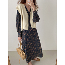 (JUSLIN) exclusive custom design breasted V-collar overlapping fake placket floral dress