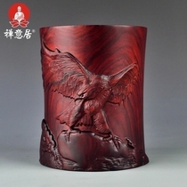 Big exhibition Hongtu pen holder mahogany big leaf red sandalwood pen insert solid wood large desktop office storage wood carving ornaments