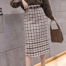 Open Fork Plaid Half Body Dress Woman 2020 Autumn Winter New High Waist Display Slim Wrap Hip Skirt Polished back ancient mid-length dress