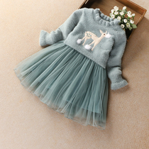 Girls dress autumn and winter childrens mink wool dress plus velvet knitted Princess skirt mesh dress