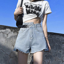 High-waisted denim shorts womens summer thin micro-loose a-shaped adjustment belt design feel burrs hot pants small man