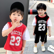 Childrens clothing Children pure cotton short sleeves T-shirt 2021 Summer new Korean version Leisure leave Two sports jersey round neck T-shirt