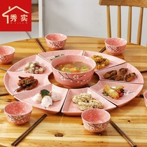 Fan-shaped plate round table household dishes creative New Year reunion plate Net red gossip set platter dishes