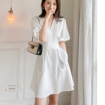 Design Sensation Small Crowd Bubble Cuff Clot Dress Woman 2022 Summer new French style Temperament White V Collar Cashew Skirt