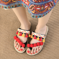 Linen slippers women Summer flat bottom outside wear national style cool drag 2021 New Thai hairball ins Net red sandals