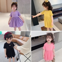 Girl dress little girl baby princess dress children short sleeve solid color skirt foreign gas small children hollow summer dress