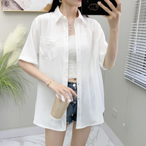 Solid color short sleeve shirt female summer long long long sleeve with chiffon cardigan Korean loose thin shirt air-conditioned shirt