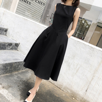 Hepburn style black sleeveless waist retro little black dress big over the knee long high waist slim dress female summer