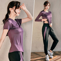 Yoga womens summer short sleeve Fashion Net red gym sports set running quick clothes thin high end size