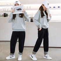 Womens middle and big childrens clothes set womens jeans womens loose thin cotton 2021 New sweater two-piece set