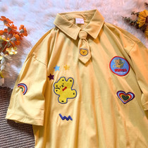 The day family is ancient with cute little bear country Chains students short sleeve T-shirt polo shirt retro 100 lap soft girl blouse