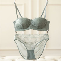 European and American sexy bra lace embroidery half cup thin without steel ring bra chest gathering underwear set new spring and summer