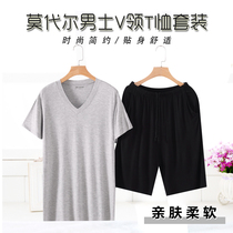 Model men Short Short Short Shorts V-collar Pajamas Set Household Wears Half-sleeved Casual Collapse T-shirt Thin
