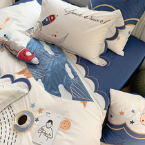 Cartoon wind rocket embroidery 60 long staple cotton four-piece cotton embroidery children's cotton quilt cover bed four-piece set