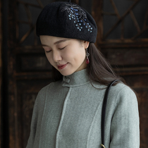(Ink Fragrant) Original wool hand embroidered beret