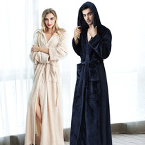 Japanese autumn and winter padded bathrobe womens winter coral velvet men hooded couple hooded flannel robes