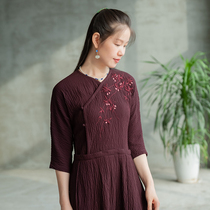 (Muhe) original jacquard cotton V-neck dress square collar embroidered pleated skirt temperament long skirt