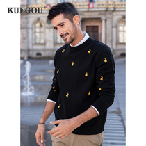 Cool clothes for mens round collar sweater male Korean version trendy small rabbit embroidered knitwear black casual sweaters 2207