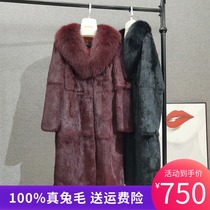 2021 New Haining whole leather Rabbit Fur Coat fox fur coat fox fur collar female extended long model coat