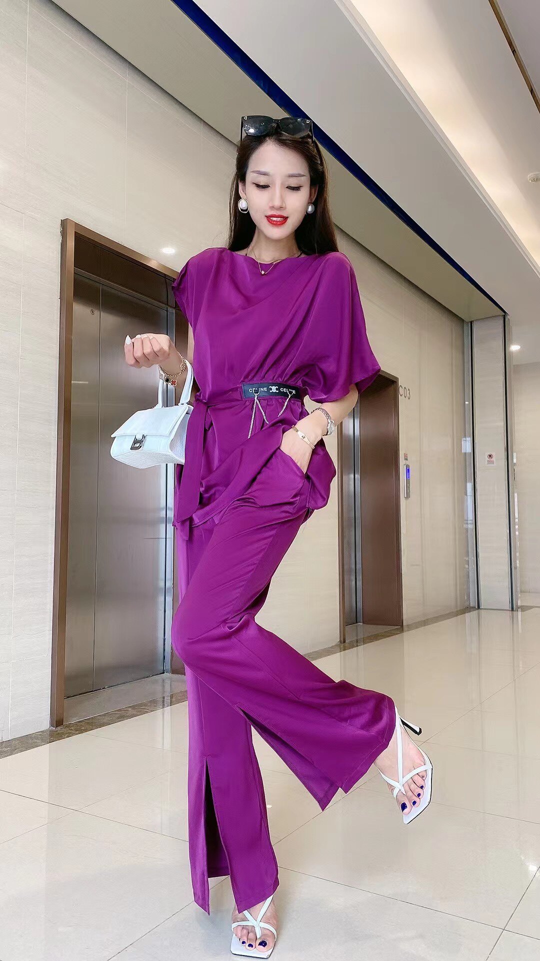 高定制阔腿裤套装女夏设计感系带收腰上衣高腰西装裤醋酸两件套