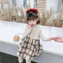 A Korean childrens clothing girl autumn and winter thick plus velvet dream Paris lattice skirt sweater vest dress