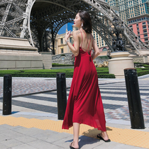 Thailand travel red suspender skirt sexy backless seaside resort beach dress women Bohemia long dress