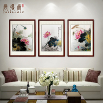 Shangdetang traditional Chinese painting flower and bird painting ink painting custom Lotus triple painting living room hanging painting decoration painting hand-painted authentic