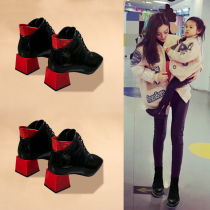 Net red medium heel high heels thick heel Martin boots boots 2021 new autumn and winter velvet British wild black