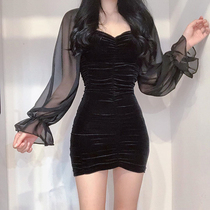 weekeep design sense mesh foam sleeve retro velvet dress female small sexy V collar tight spring and autumn