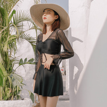 2021 new three-piece swimsuit female conservative belly-covering skirt boxer long-sleeved Japanese ins wind princess swimsuit