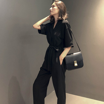 2021 French niche new jumpsuit jumpsuit womens summer high waist thin frock Chiffon temperament black socialite