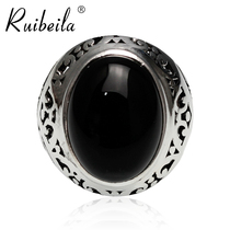 ruibeila925 silver inlaid large black agate ring mens atmosphere domineering retro silver ring personality tide