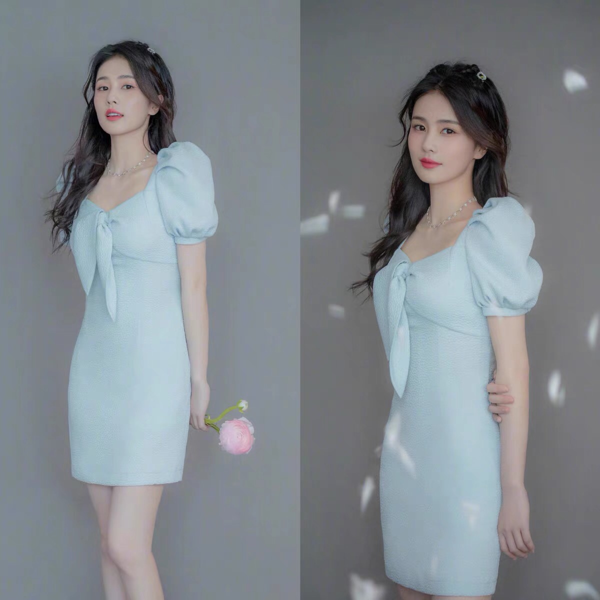 白鹿明星同款蓝色泡泡袖v领连衣裙收腰显瘦气质法式夏季短裙女