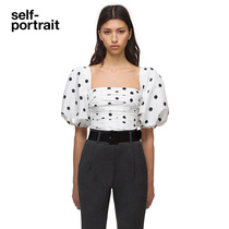 self-portrait vintage polka-dot taffeta oversized puff-sleeve pleated top