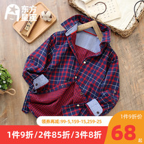 Boys plaid shirt spring autumn thin double layer red childrens clothing shirt 2021 new medium and large childrens collar pure cotton