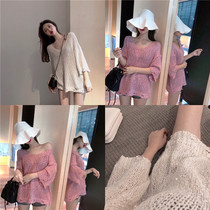 Lggstyle small fragrant wind hollowed-out chic needle weaseled blouse with 70% sleeve 100 lap loose and thin fur coat